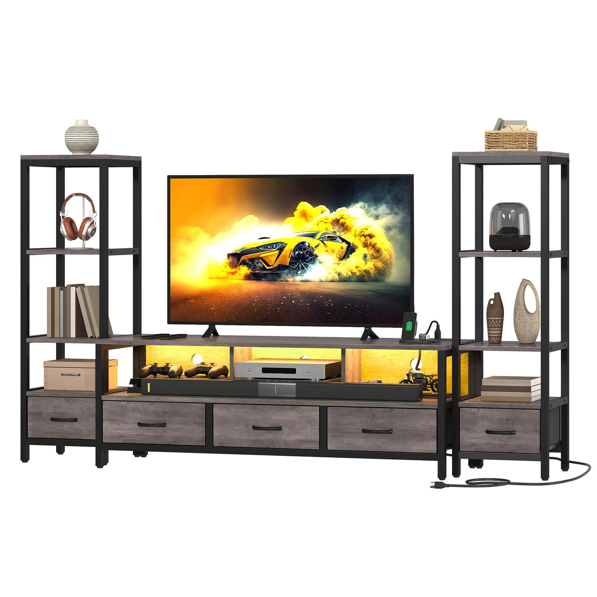 DWVO Entertainment Center with Bookshelves, LED TV Stand for 65/60 inch TV, Farmhouse TV Stand for Living Room with 2 Industrial 4-Tier Bookshelves & Power Outlets, Grey DWVO