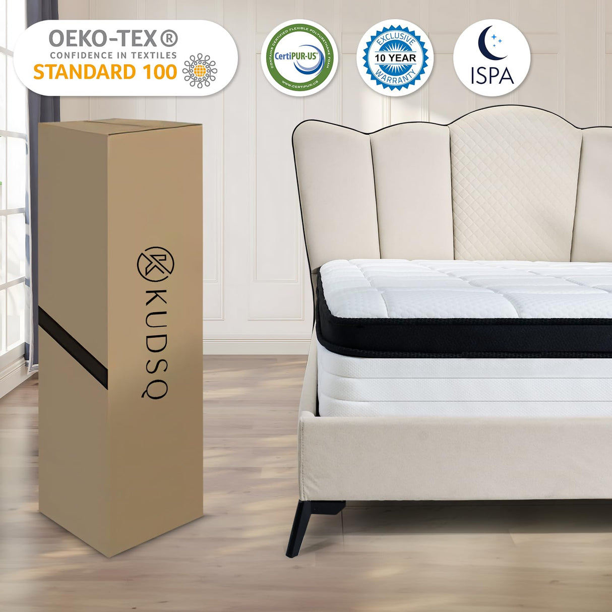 KUDSQ Queen Size Mattress, 10 Inch Queen Mattress in a Box with Memory Foam and Pocket Spring for Pressure Relief & Comfort Sleep, Medium Firm Feel, Fiberglass Free Bed in a Box/CertiPUR-US KUDSQ