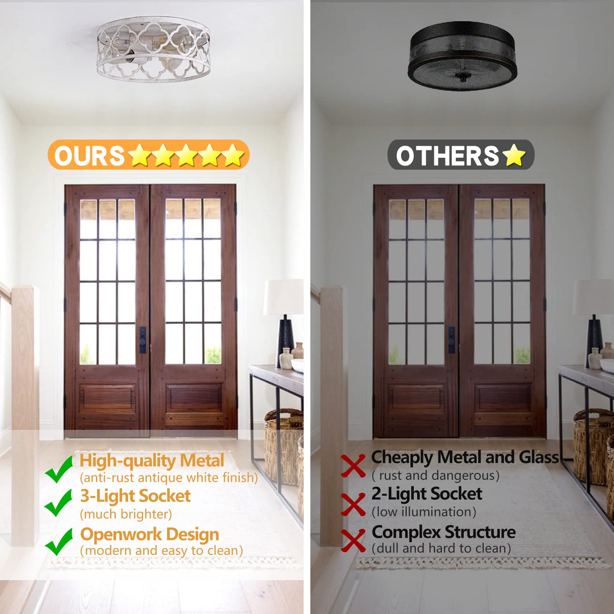 Bargeni Flush Mount Ceiling Light,13-inch Ceiling Light Fixture,3-Light Kitchen Light Fixtures,Rustic Antique White Finish,Farmhouse Light Fixtures for Bedroom,Living Room,Kitchen,Hallway and Foyer Bargeni