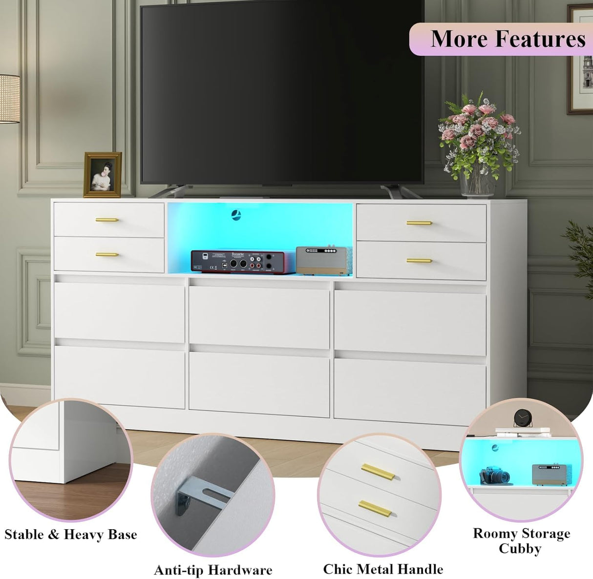 Loomie 10 Drawer White Dresser with Charging Station & Led Lights for Bedroom, 58" Long Triple Wide Dresser TV Stand for TVs up to 65", Large Dressers Organizer with Open Cubby, Wide Chest of Drawer Loomie