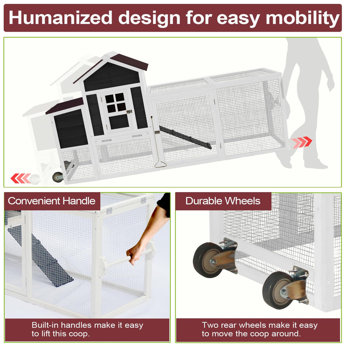 Ecolinear 80” Mobile Chicken Coop for 1-2 Chickens with Wheels,Outdoor Wooden Hen House with Nesting Box,Large Rabbit Hutch, Outside Poultry House,Wire Fence Run Cages,Weatherproof for Backyard,Black ECOLINEAR