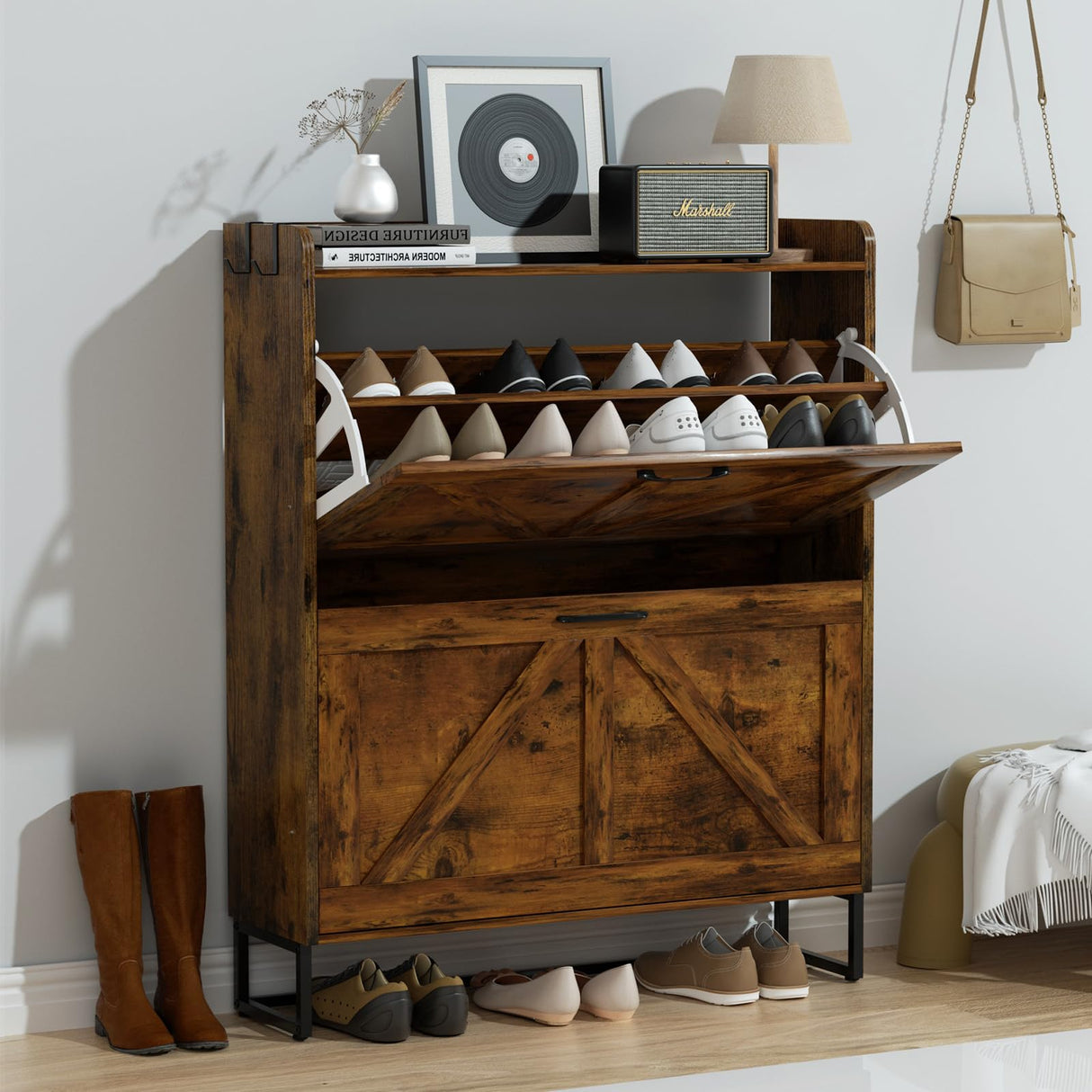 Urban Deco Wooden Shoe Storage Cabinet for Entryway, Organizer Shoe Cabinet with 2 Flip Drawers, Elegant 2 Tier Freestanding Shoe Organizer (Rustic Brown) Urban Deco