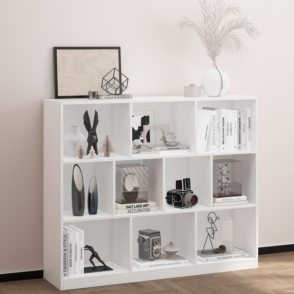 NewBeth Wooden 10 Cube Book Shelf with Base,3 Tier Freestanding Horizontal Bookshelf, Open Bookcase Cube Shelf Storage Organizer for Bedroom, Living Room, Office, Study Room, White NewBeth