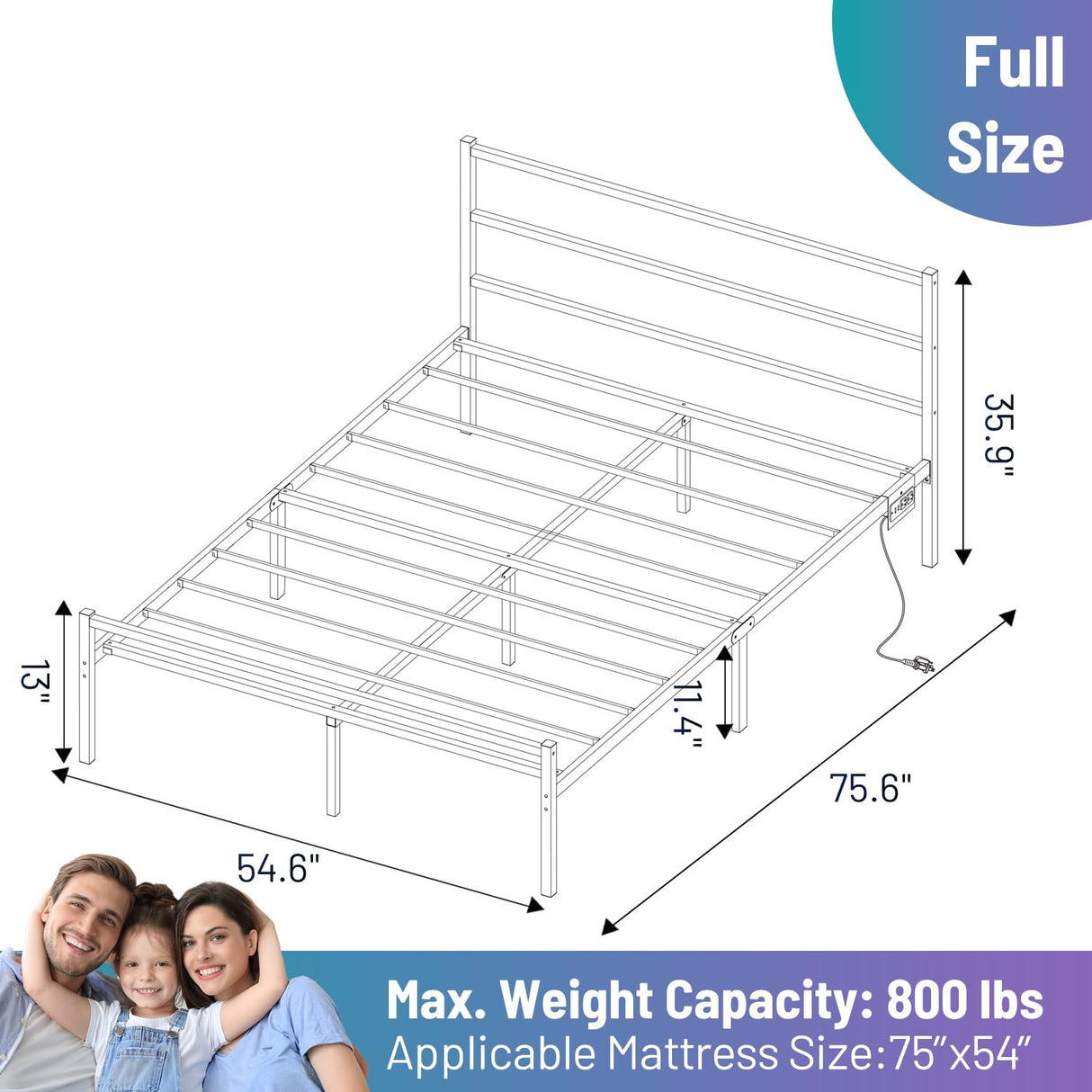 CLIBFENG Full Size Bed Frame with Headboard,Heavy Duty Steel Slats Support-LED Bed Frame with USB Charging Station,Metal Platform Bed Frame-Under Bed Storage, No Box Spring Needed, Noise Free,White CLIBFENG