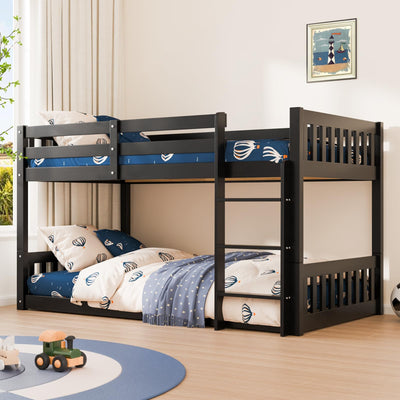 JOYMOR Solid Wood Low Twin Over Twin Bunk Bed for Kids/Junior, Bunk Bed Frame with Guardrails & Ladder for Boys Girls, No Box Spring Needed (Black)