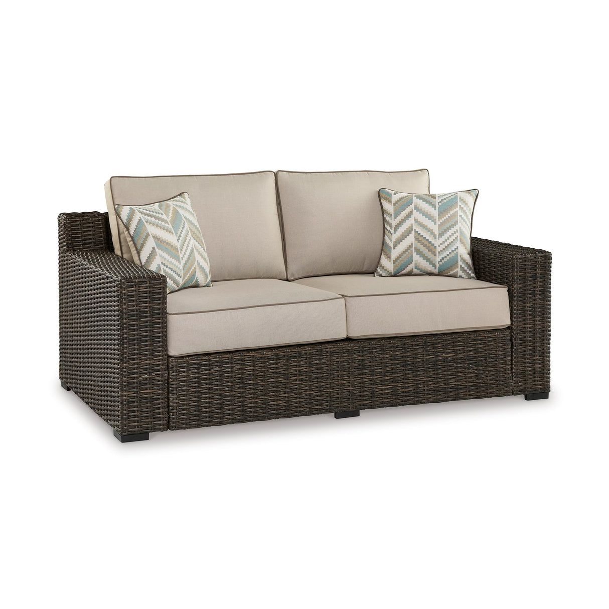 Signature Design by Ashley Coastline Bay Casual Weather Resistant Outdoor Loveseat with Cushion and 2 Throw Pillows, Beige & Dark Brown Signature Design by Ashley