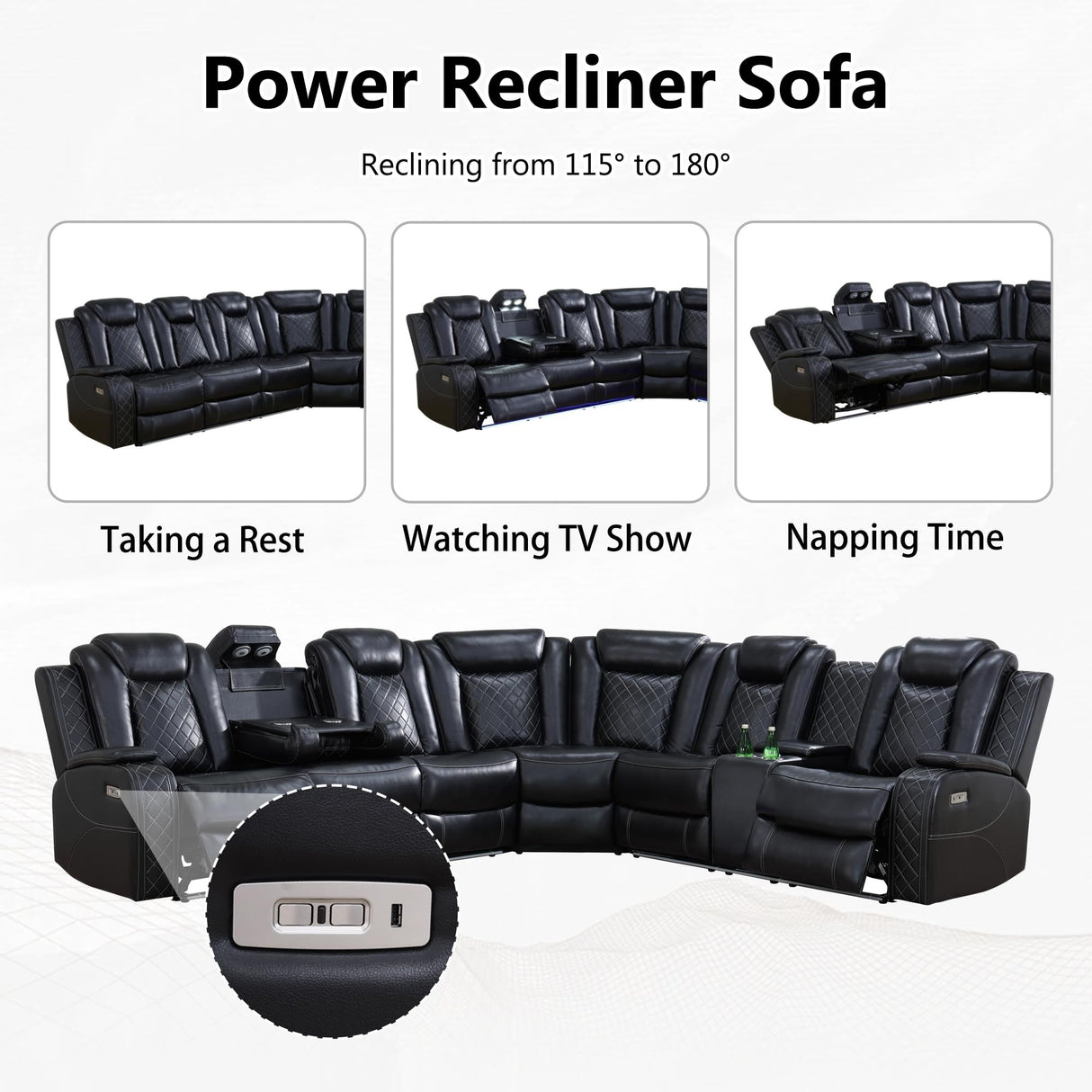 Ocstta Leather Power Recliner Sectional Sofa with LED, Power Reclining Sectional Couch, Breathing Leather Sofa Couch with USB Port&Cup Holder for Living Room (Living Room Set,Black) Ocstta