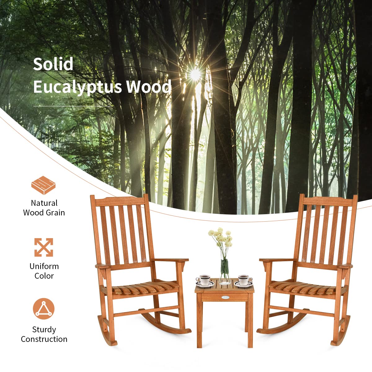 Tangkula 3 Piece Patio Rocking Bistro Set, Patiojoy Eucalyptus Wood Conversation Set with 2 Rockers and 1 Coffee Table, Outdoor Rocking Chair Set with Coffee Table for Porch, Patio and Backyard Tangkula