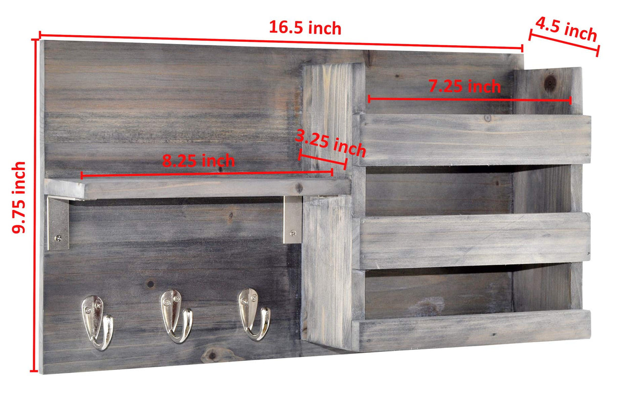 Spiretro Wall-Mounted Key Holder Hooks - Rustic Wood Weathered Grey & Black - Entryway Organizer for Mail, Leashes, and Purses - Floating Shelf, 16.5” W x 9.75" H x 4.5” D Spiretro