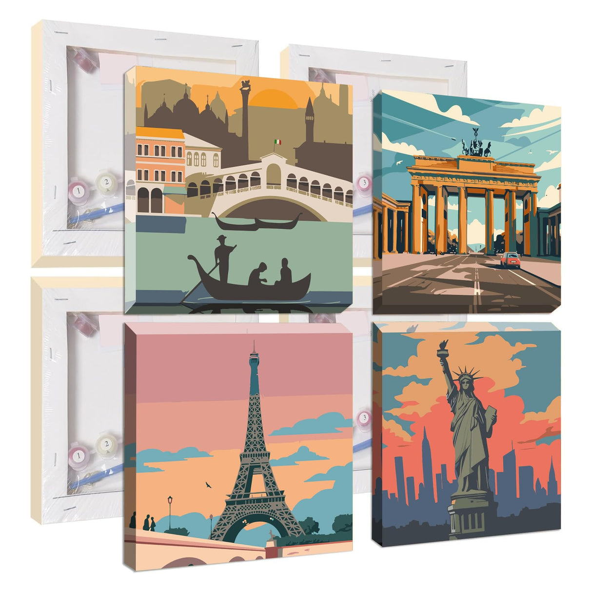 Qukle Framed City Travel Paint by Numbers for Kids Age 8-12, 4Pack Cityscape Painting by Numbers Kits Adults Boys Girls, Painting on Canvas DIY Acrylic Arts for Home Decor 20x20cm Qukle