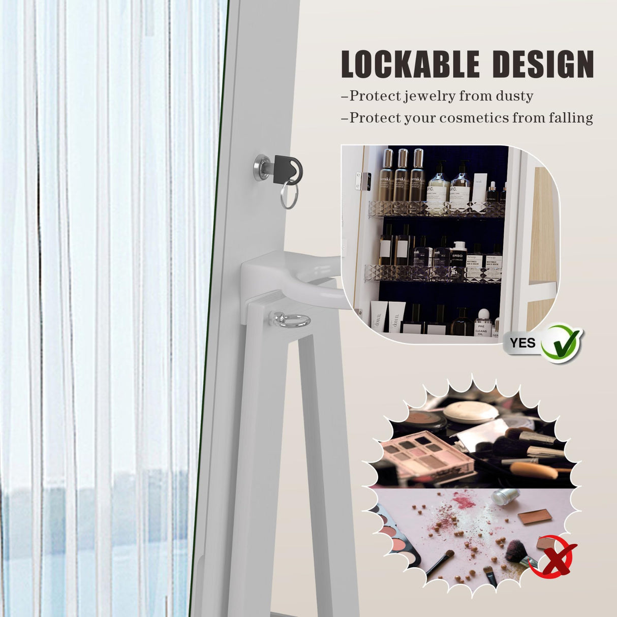 HWB Full-Length Mirror with Jewelry Storage: 360° Swivel Standing Jewelry Cabinet with Lights - Rotatable Standing Jewelry Armoire Organizer with Foldable Makeup Shelf White HWB