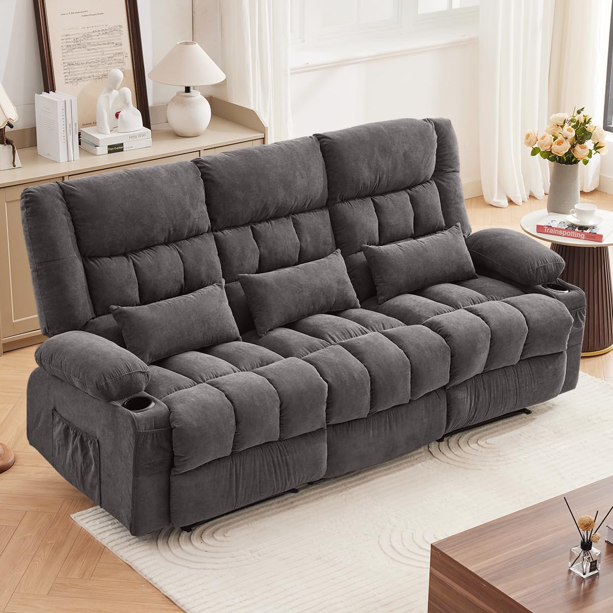 Recliner Sofa with Cup Holders for Living Room 3 Seat Manual Oversized Recliner Chiar with Ergonomic, Side Pocket for Adult MAHOMICO