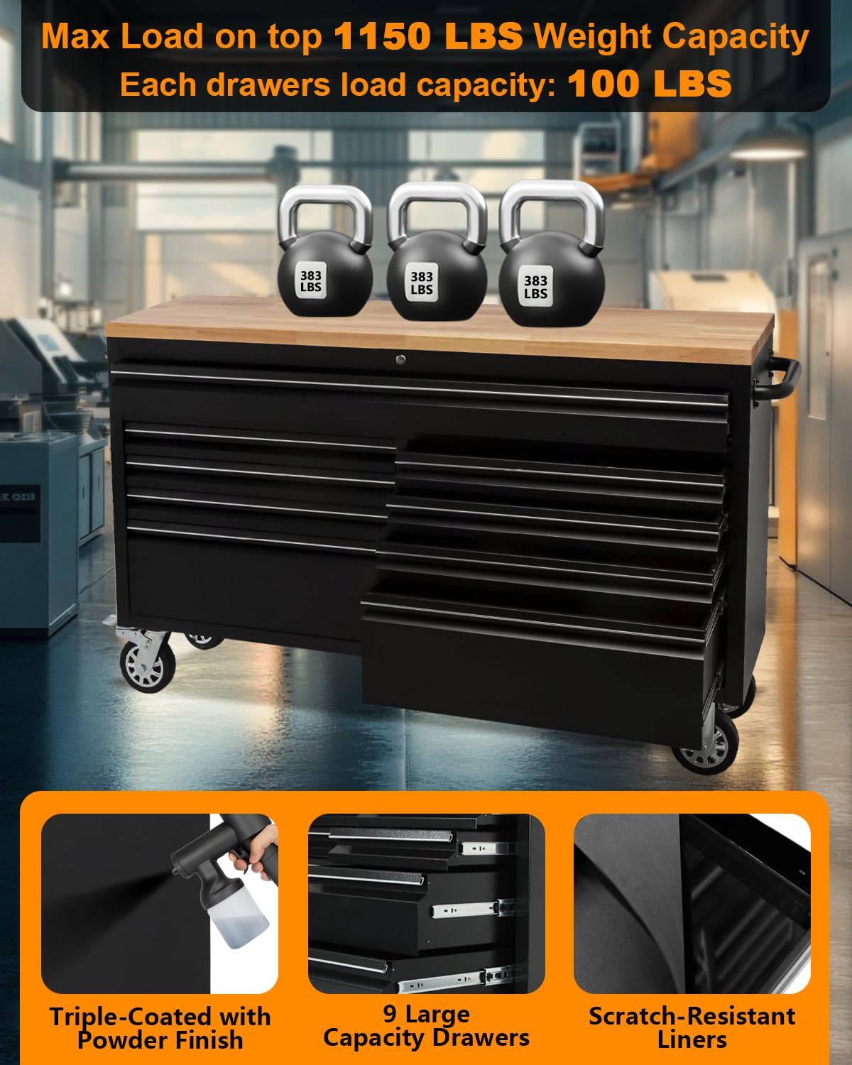 ExploreHorizon 61" Rolling Tool Chest with Rubber Wood Top - 9-Drawer Mobile Workbench, Lockable Metal Storage Cabinet with 4 Heavy-Duty Wheels for Garage Workshops, Black ExploreHorizon