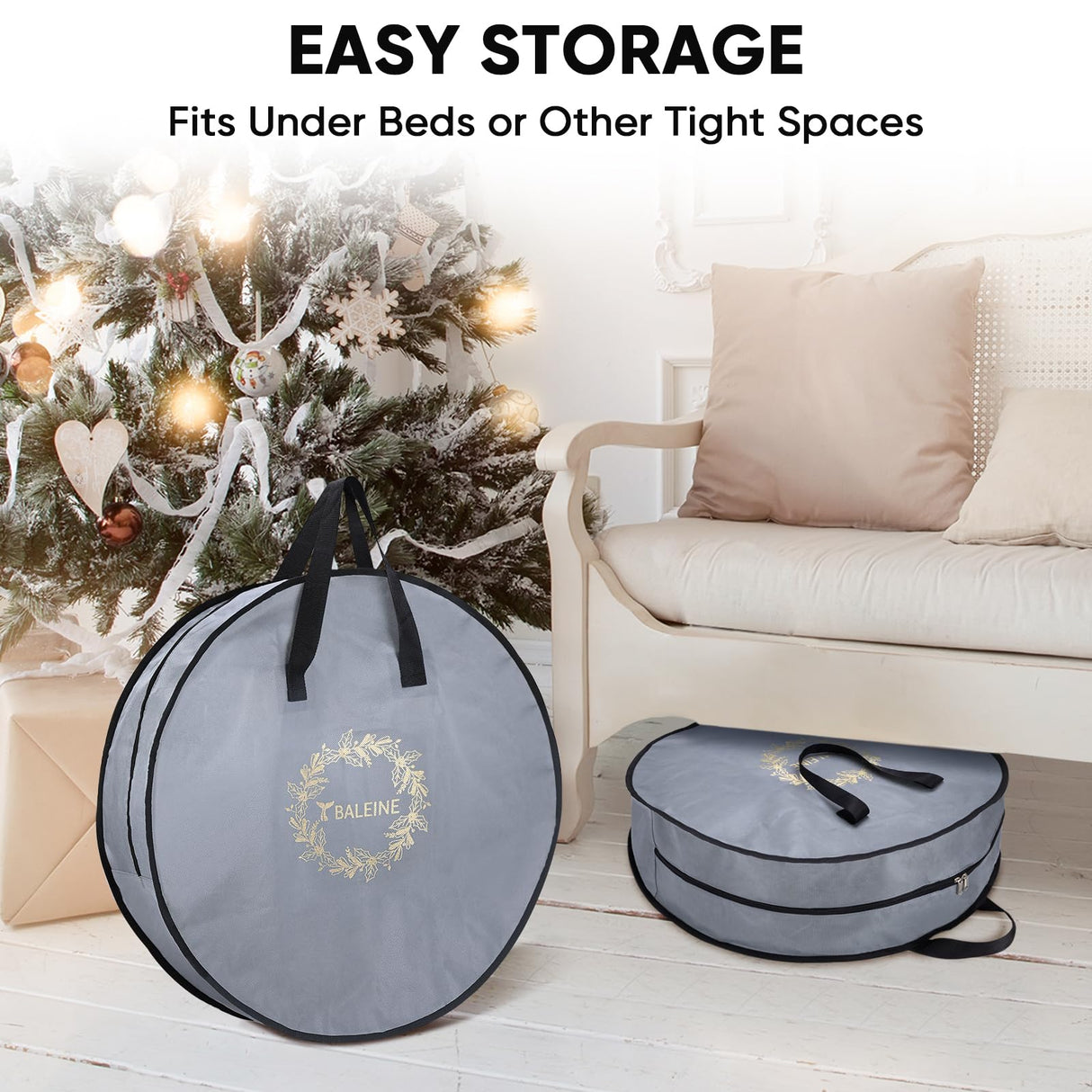 BALEINE 2 Pack Wreath Storage Container, Christmas Wreath Storage Bag with Reinforced Handle for Holiday Xmas (Grey, 30"X8") BALEINE