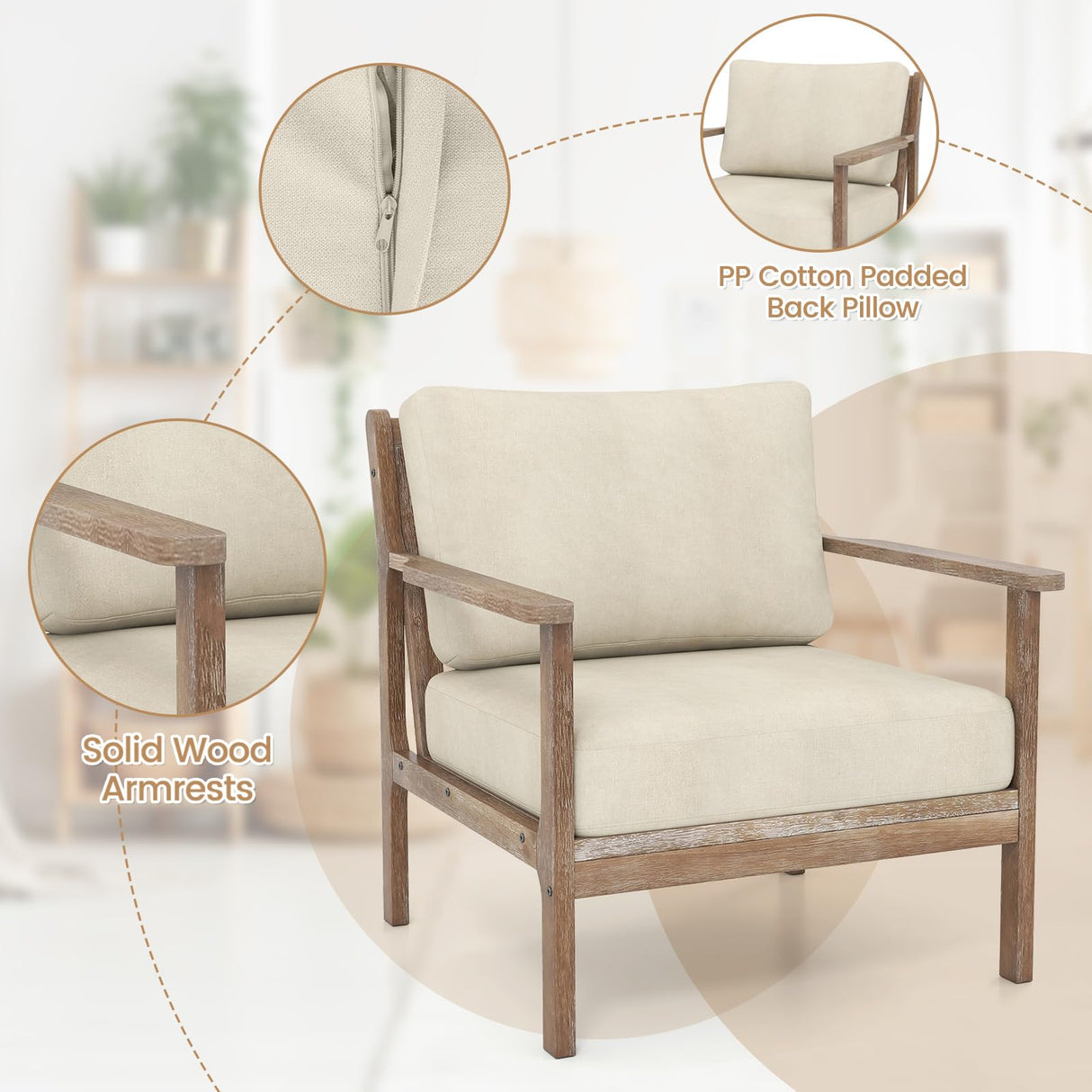 GOFLAME Mid-Century Modern Accent Chair, Upholstered Armchair with Solid Wood Frame, Linen Fabric Comfy Reading Chair, Farmhouse Leisure Chair for Living Room, Bedroom, Sunroom, Hosting Room GOFLAME