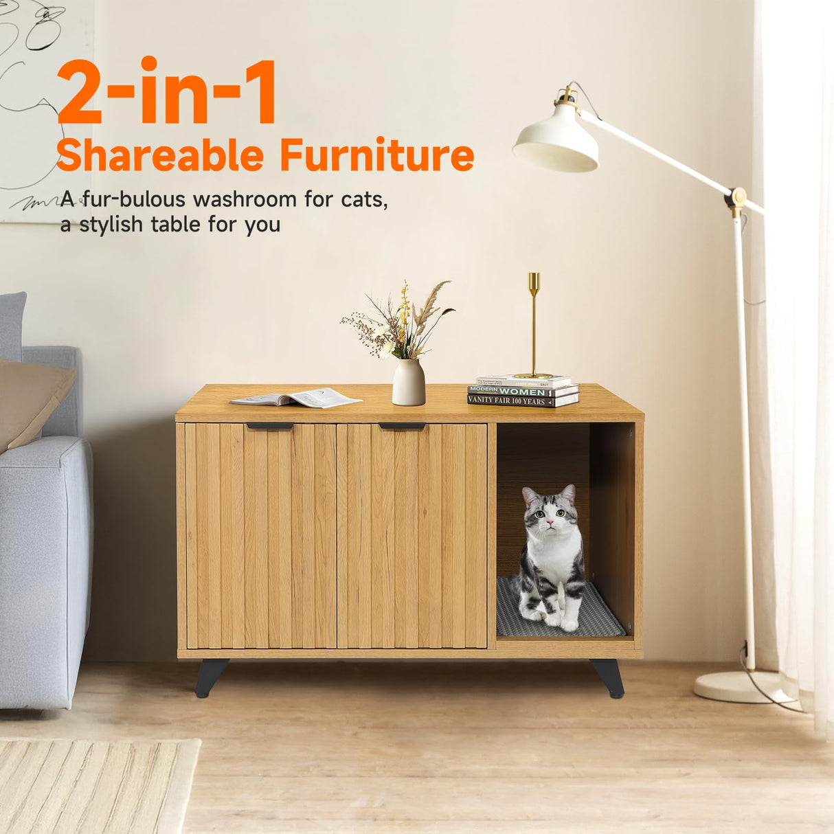 QuicMiou Cat Litter Box Enclosure, Modern Cat Litter Box Furniture Hidden, with Scratching Pad, 4 Metal Legs, Cat House, Natural Oak QuicMiou