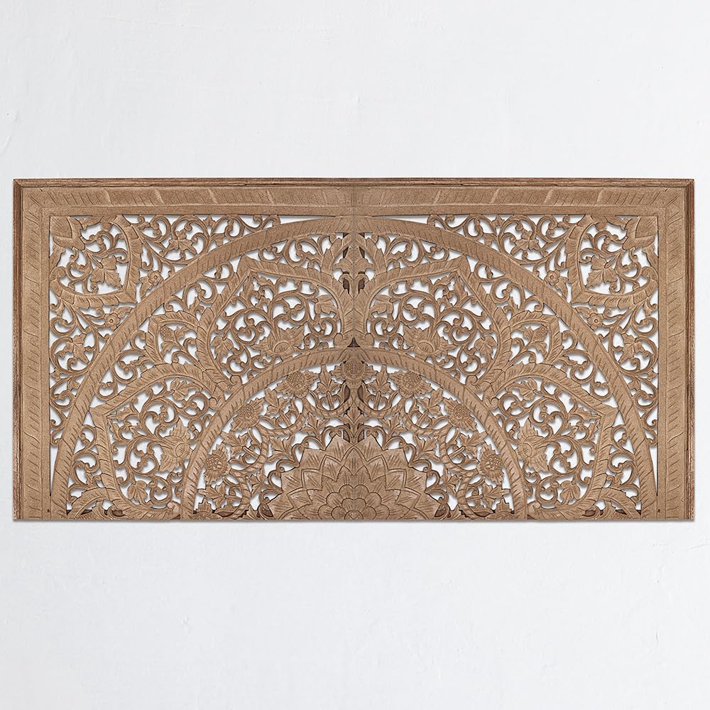 King Wood Headboard | Carved Full Headboard Only | Wooden Headboard Full Size Bed | Wall Mount Headboard King | Full Bed Headboard Panels (Cal King, Sumber, Natural) KultureDeco