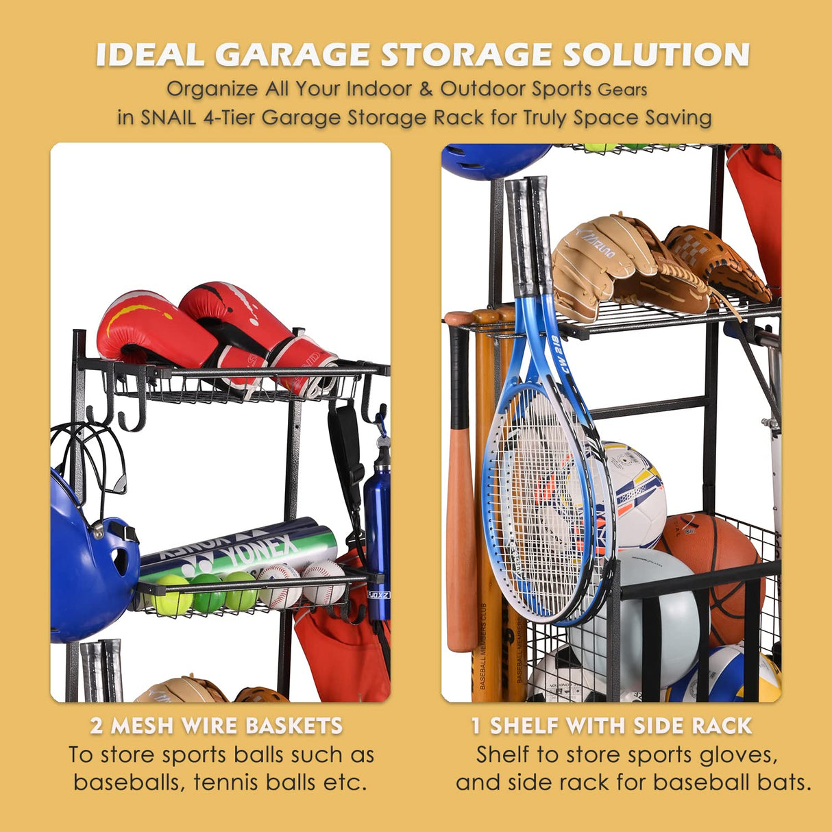 Snail 4-Tier Garage Sports Equipment Storage Organizer Sports Ball Storage Rolling Cart with Basket and Hooks Lockable Sports Ball Cage Storage Rack for Garages, Playgroup, Gym and Schools, Black Snail