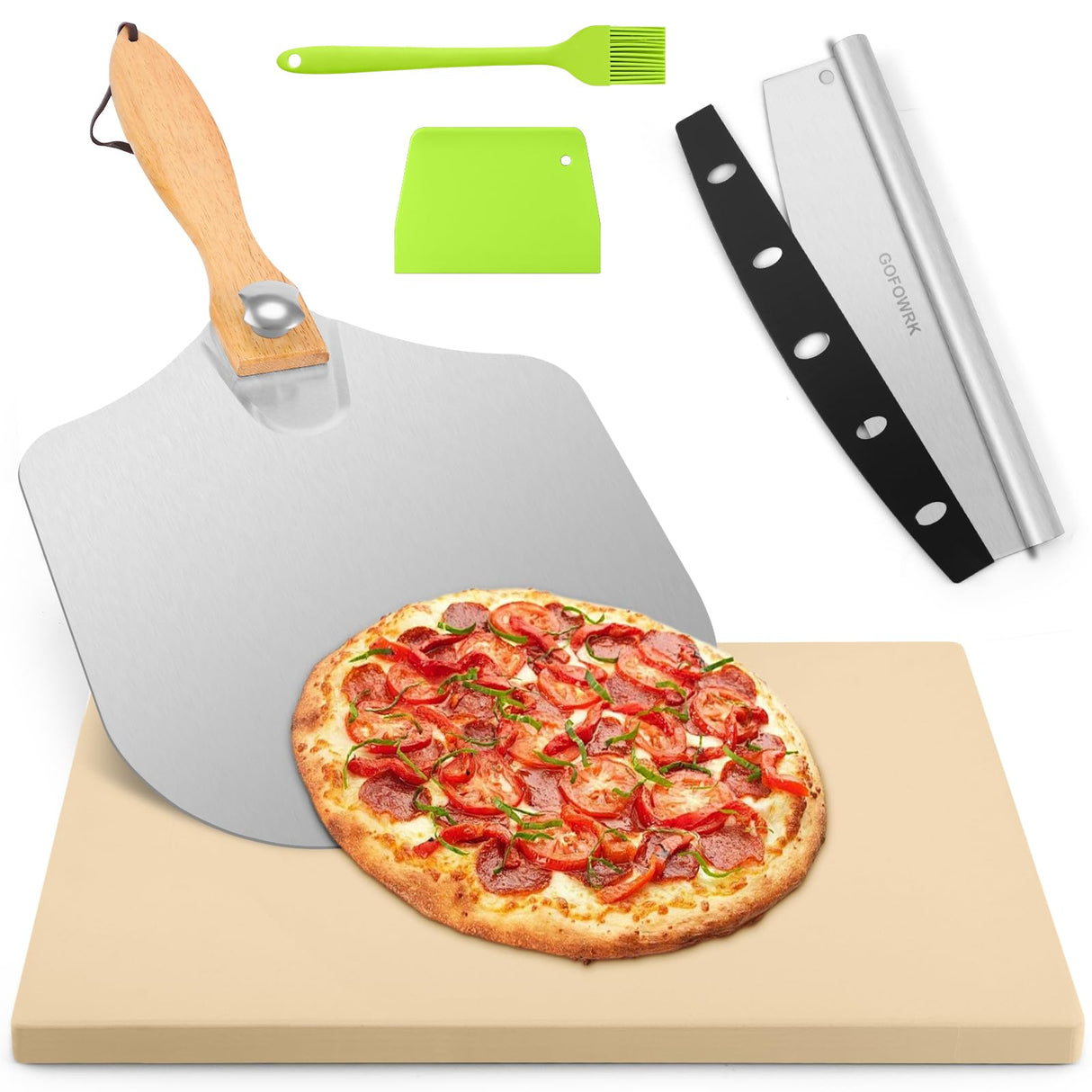 Pizza Stone 5 PCS Set, 15 x 12" Large Rectangle Pizza Stone Set for Oven with Metal Pizza Peels & Cutter Rocker, 0.6'' Thickened Stone Pizza Pan, Grill Baking Stone for Outdoor Grill for Pizza, Bread GOFOWRK