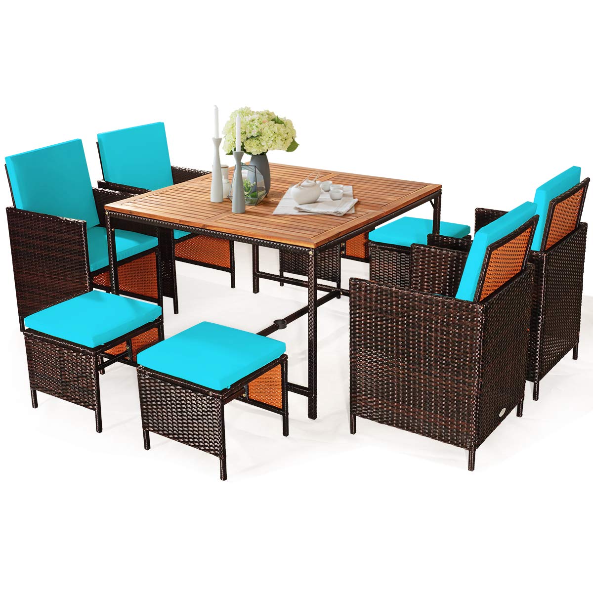 COSTWAY 9PCS Patio Rattan Dining Set Cushioned Chairs Ottoman Wood Table Top Turquoise COSTWAY