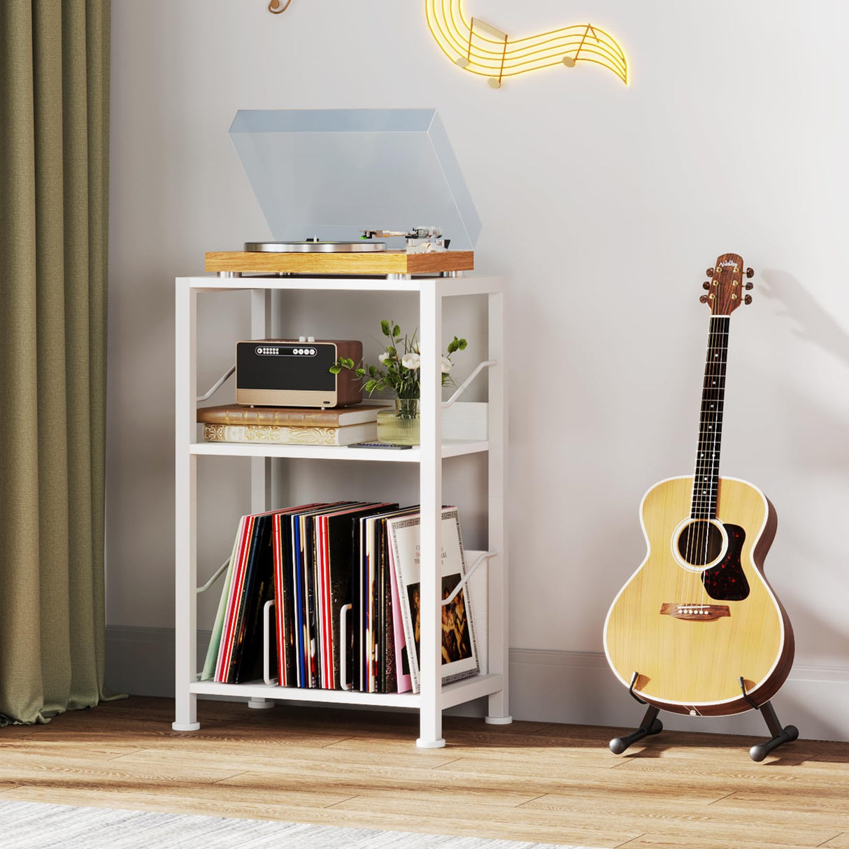 Hosfais 3 Tier Record Player Stand, Retro Vinyl Record Storage End Table Records Shelf for Living Room Bedroom (White) Hosfais