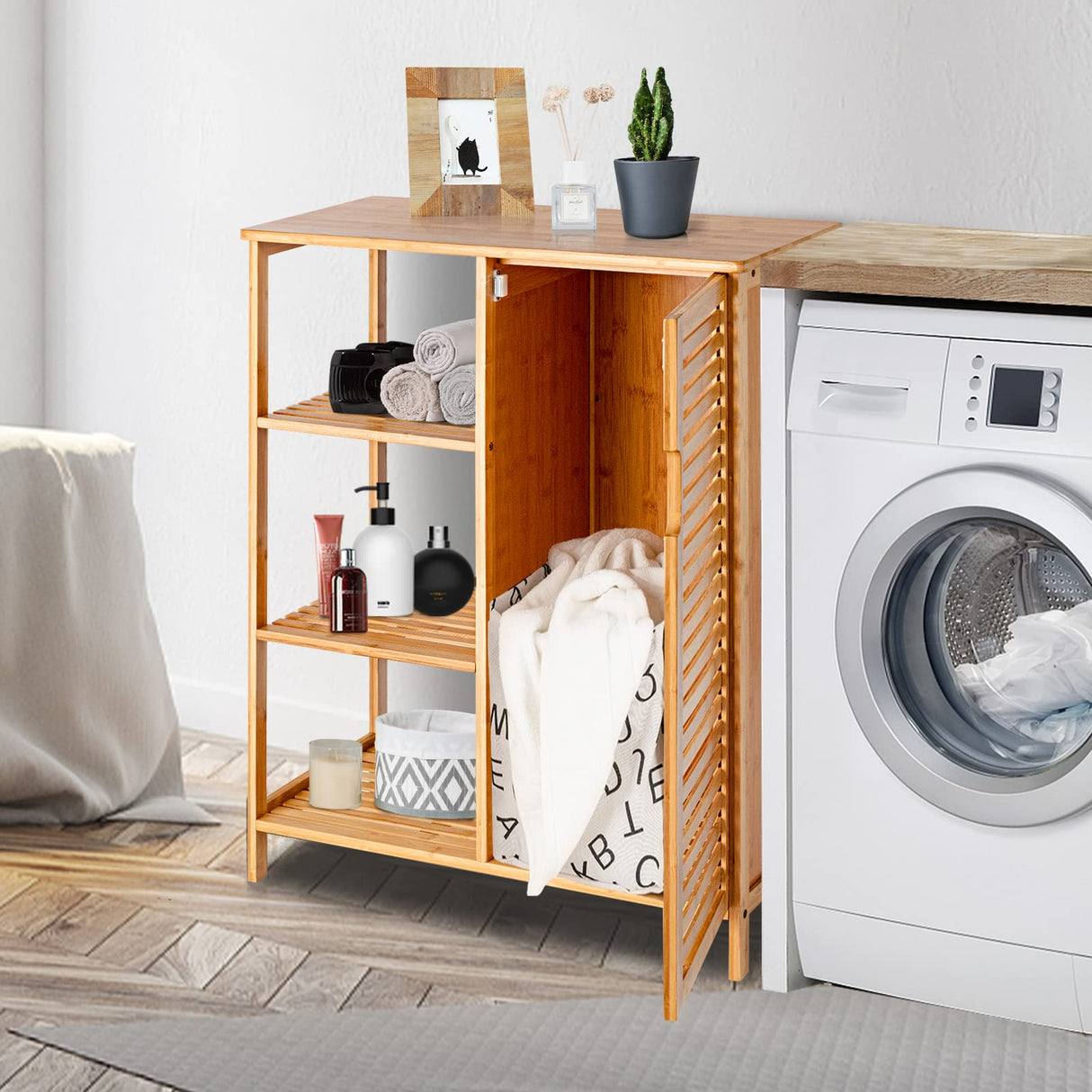 Tangkula Bamboo Bathroom Floor Cabinet, Storage Cabinet with Shutter Door and 3 Tier Shelves, Freestanding Floor Cabinet for Bathroom Living Room Kitchen Hallway, Bathroom Cabinet, Natural Tangkula