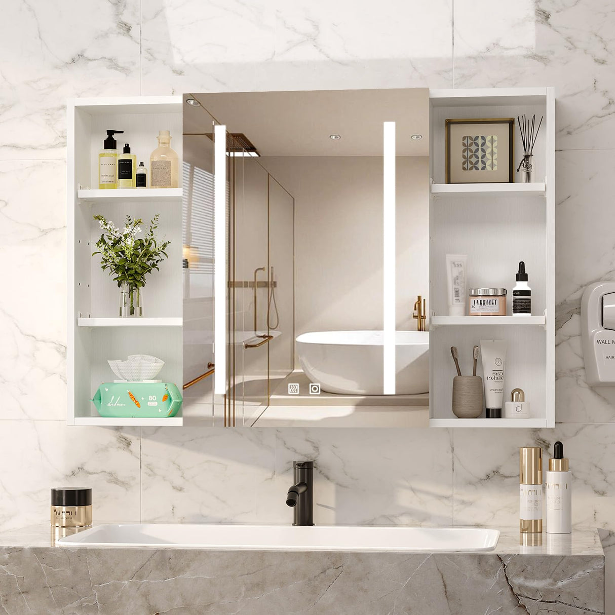 VINGLI 36Inch Medicine Cabinet with Lights, Lighted Medicine Cabinet with Mirror, Bathroom Vanity Mirror with Storage,Wall Mounted Anti-Fog Dimmable Light and Color Adjustment,5.9" D x 36" W x 24" H VINGLI