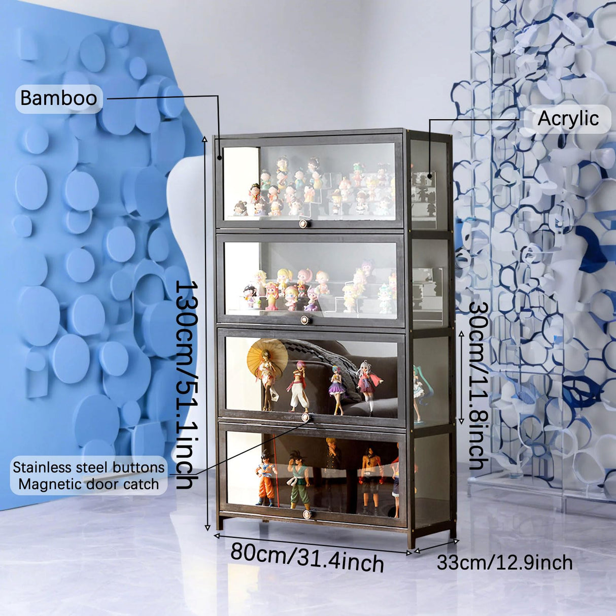 SAADHGG Small Display Cabinet with Acrylic Glass Doors, 4-Tier Curio Cabinet Figure Display Case Living Room Storage Cabinets with Doors and Shelves for Collectibles Toy,Gray,flip top Four Layer SAADHGG