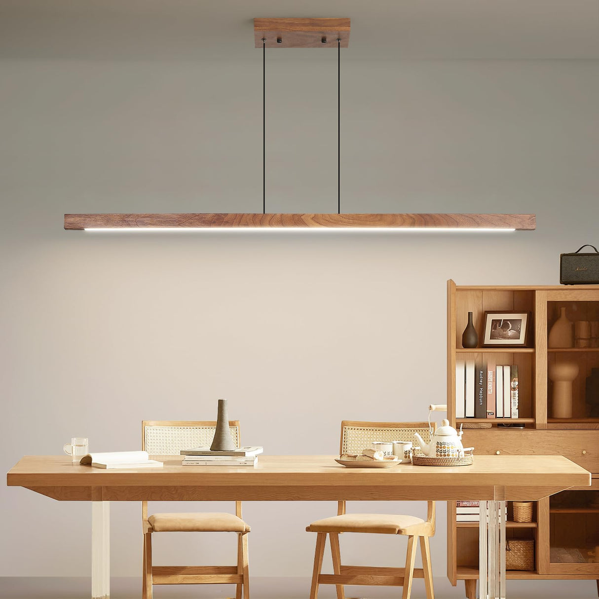 Mikeru Linear Chandelier, 47" Modern Chandelier Walnut LED Dimmable 3000k-6000k Wood LED Pendant Light, Hanging Light Fixture for Restaurant Bar Office Living Room Mikeru