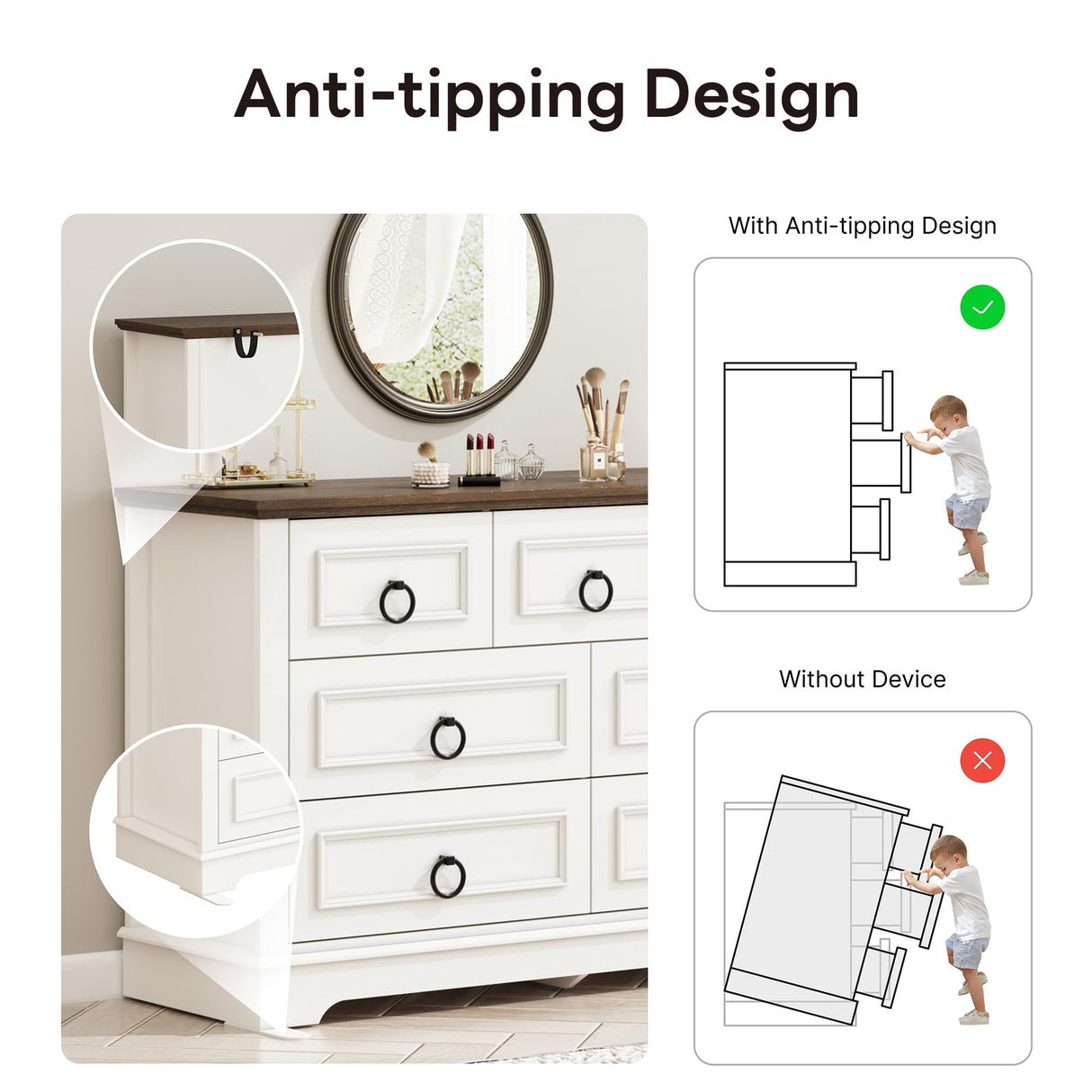 LIKIMIO Farmhouse 7 Drawer Dresser for Bedroom, Wood Rustic Chest of Drawers with Round Metal Handle, Large Storage Dresser Organizer TV Dresser for Living Room, Hallway, Entryway, Off White LIKIMIO