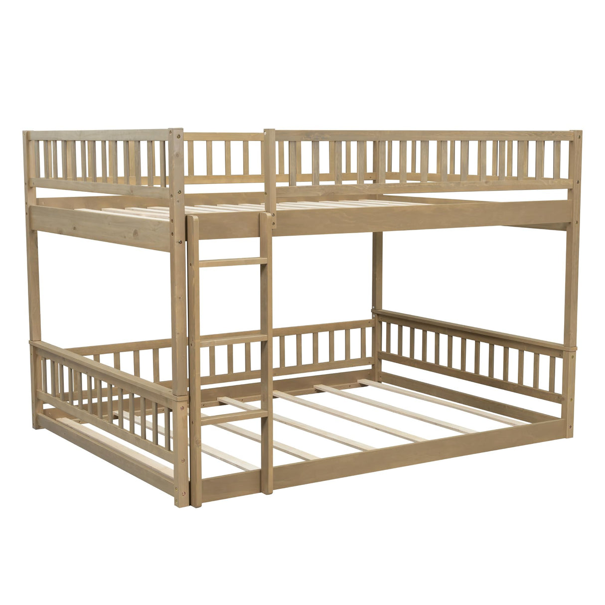 Merax Queen Over Queen Bunk Bed for Teens Adults, Wooden Floor Bunk Beds with Ladder and Guardrails for Guestroom Dormitory, No Box Spring Needed, Natural Merax