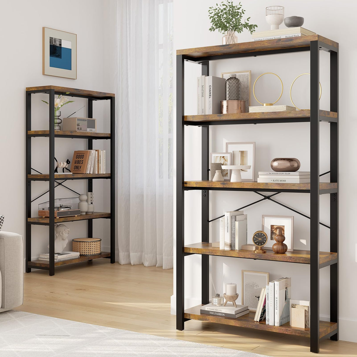 iabifo 5-Tier Adjustable Heavy Duty Bookshelf, Industrial Wooden Open Storage Rack with Black Metal Frame, Vintage Bookcase with Lock Wall Design, Rustic Brown iabifo