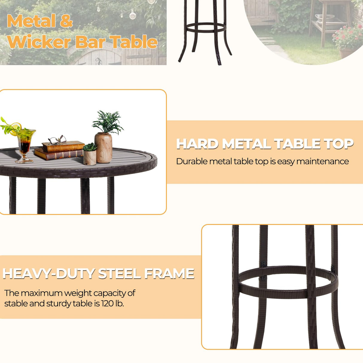 FHFO 3 Piece Outdoor Patio Heigh Bar Table and Chairs Set, Wicker Bar Height Bistro Table Set of 2, All-Weather Rattan Height Bar Stools w/Cushions & Metal Table Top for Porch, Garden, Balcony-Beige FHFO