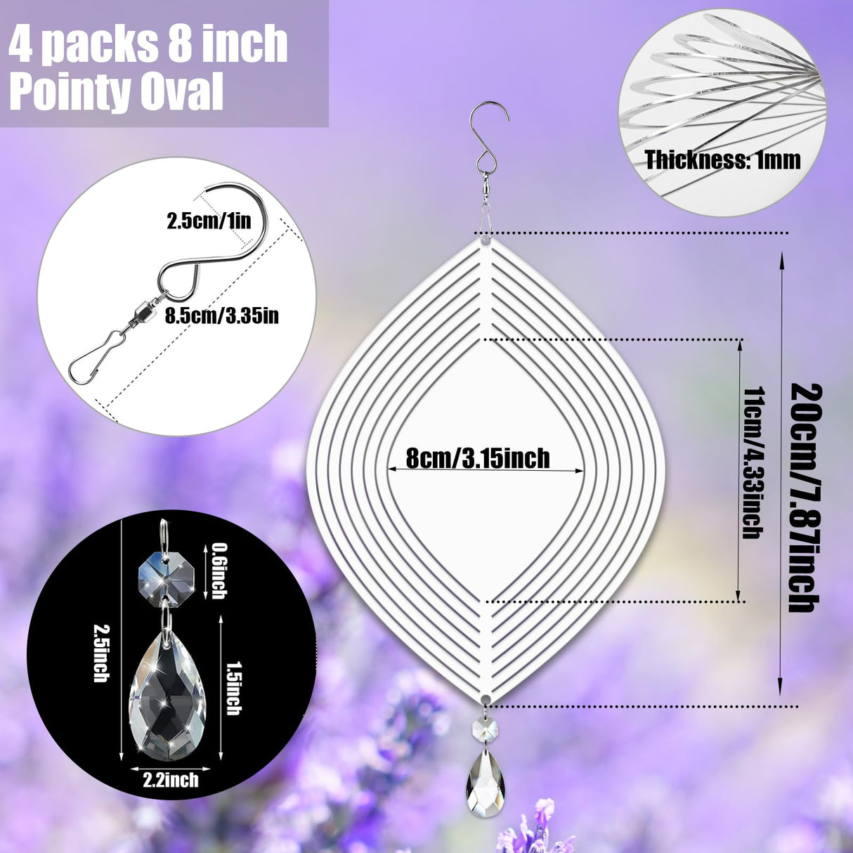 4Pack 8inch Sublimation Wind Spinner Blanks 3D Aluminum Metal Wind Sculpture Kinetic Spinners for Yard and Garden Indoor Art Ornaments Hanging Decoration (Pointy Oval) WindMage