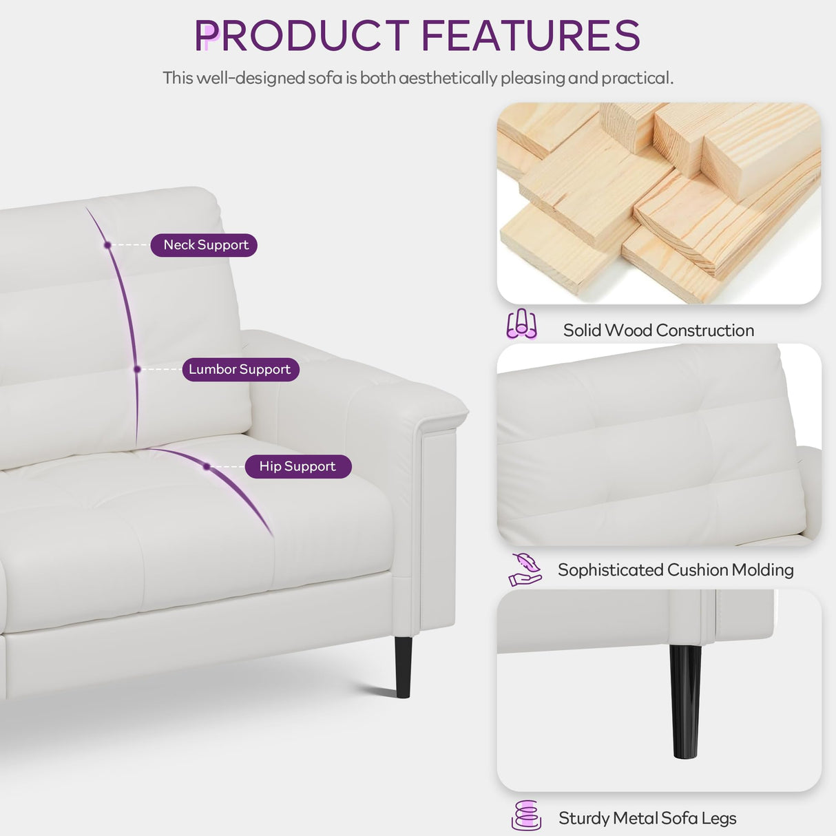 TYBOATLE 85" W White Faux Leather Sofa Couches for Living Room, Mid-Century Modern Tufted Comfy Small Loveseat w/USB and Wide Arms, 2/3 Seater Office Couch for Small Space Apartment Bedroom Furniture TYBOATLE