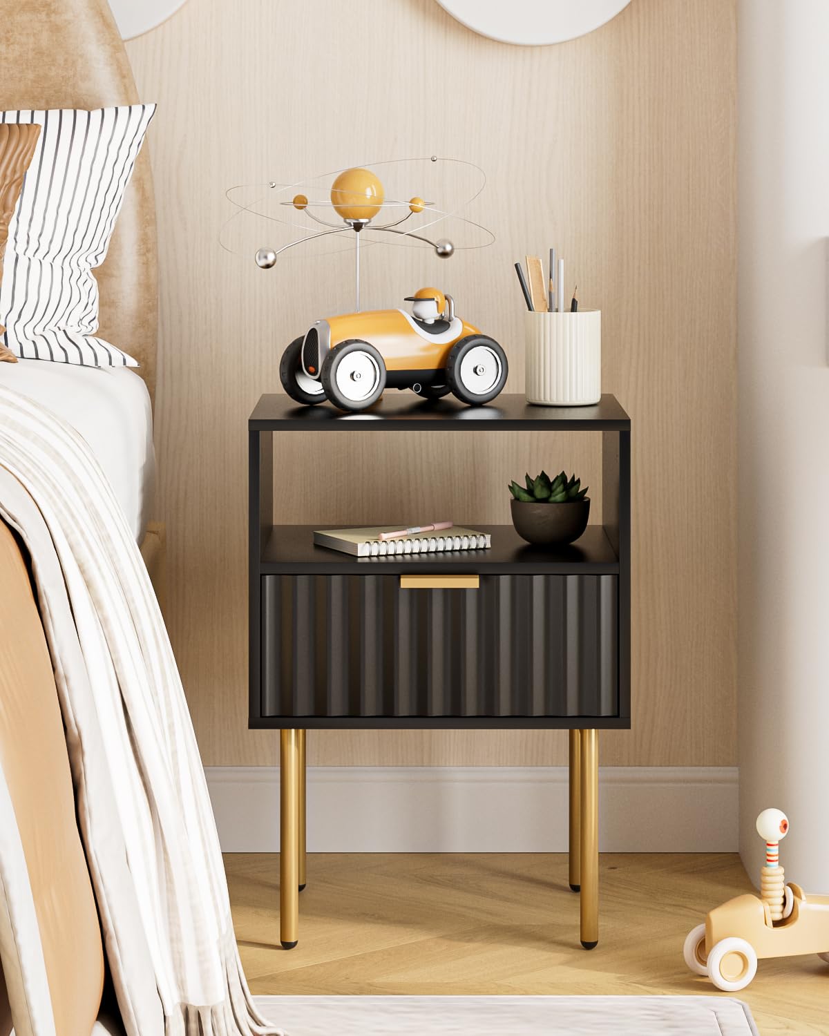 Aienvey Nightstand,Modern Bedside Table with Gold Frame,Black Night Stand,Bedside Furniture, Modern Side Table with Drawer and Shelf for Bedroom,Living Room (Black) Aienvey