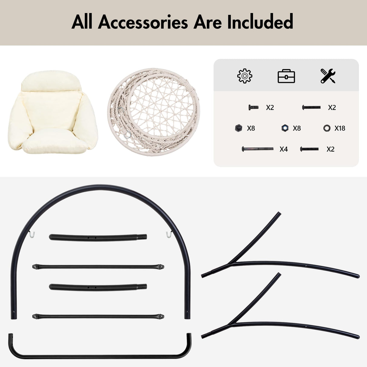 ANOW Macrame Hammock Chair with Stand, Heavy Duty Hanging Chair Stand with Swing Chair, Includes Luxury Padded Cushion, Max 330 Lbs, Natural ANOW