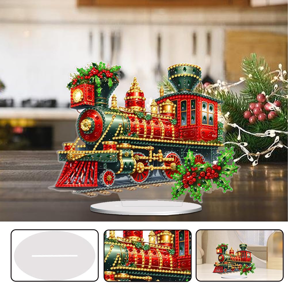POETRYDRAW Diamond Art Ornament Desktop Kit Christmas Train, DIY Stand Up Acrylic Diamonds Painting Ornament for Adults, 5D Special Diamond Gem Craft Tabletop Placement Board Kit POETRYDRAW