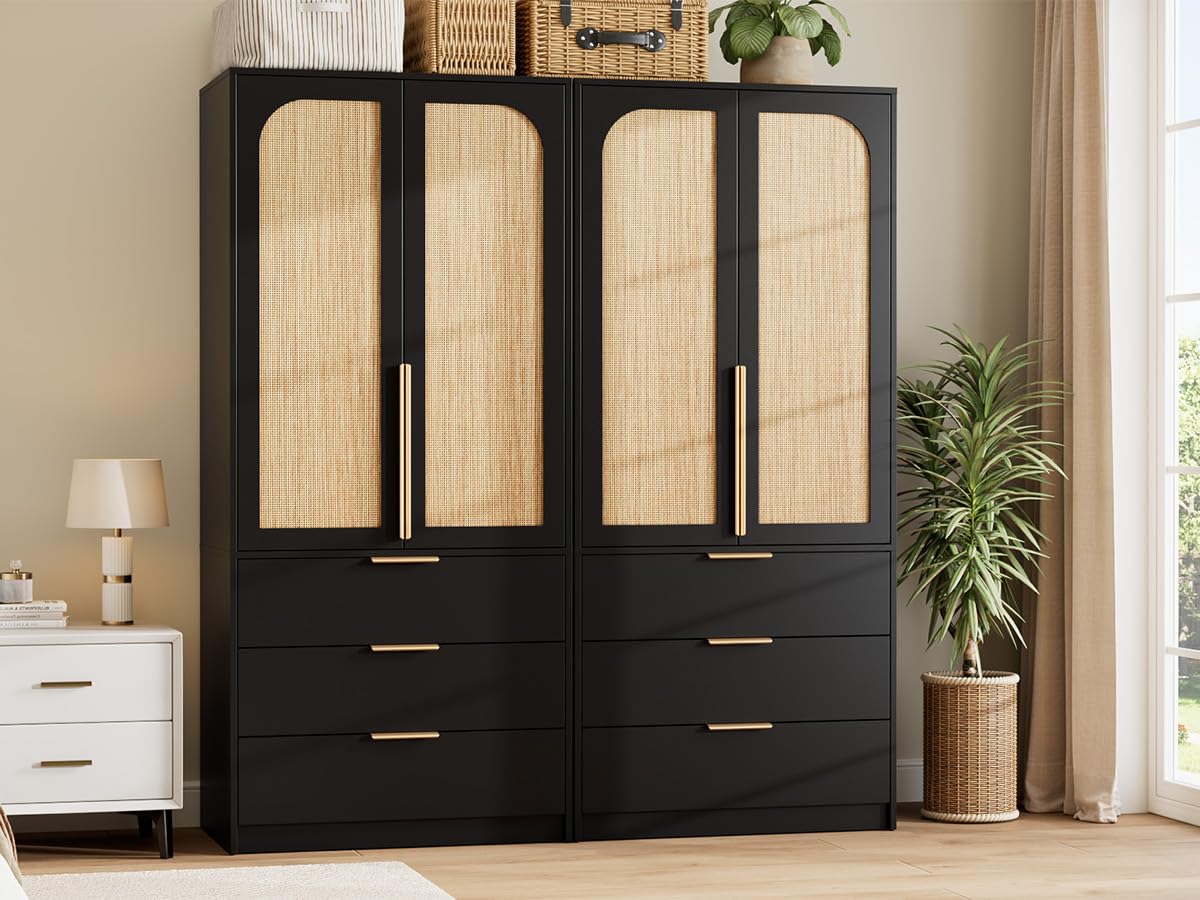 Senfot Rattan Armoire Wardrobe Closet with 3 Drawers and 2 Doors, Modern Wooden Wardrobe Cabinets for Hanging Clothes, Tall Standing Bedroom Armoires, Heavy Duty, Black Senfot