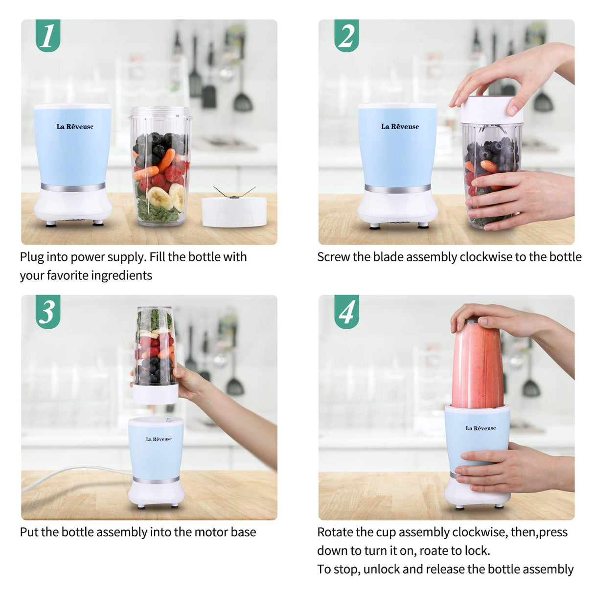 La Reveuse Personal Size Blender 250 Watts Power for Shakes Smoothies Seasonings Sauces with 1 Piece 15 oz Cup,1 Piece 10 oz Mug,BPA-Free (Sky Blue) La Reveuse