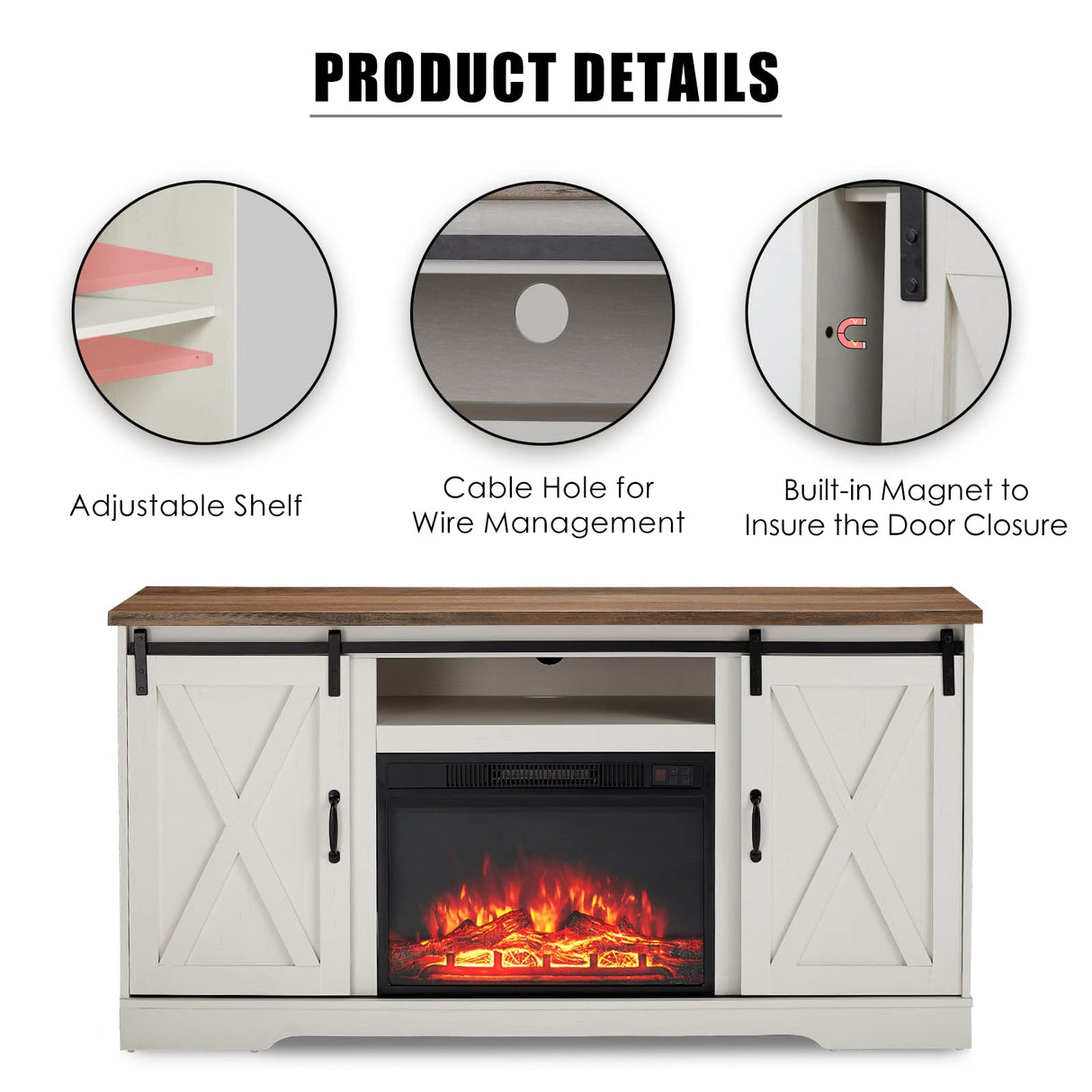 AMERLIFE 5-Piece Farmhouse Table Set Includes Fireplace TV Stand, Coffee Table& Two End Tables with Charging Station and USB Ports, for Living Room, Distressed White, 63" AMERLIFE