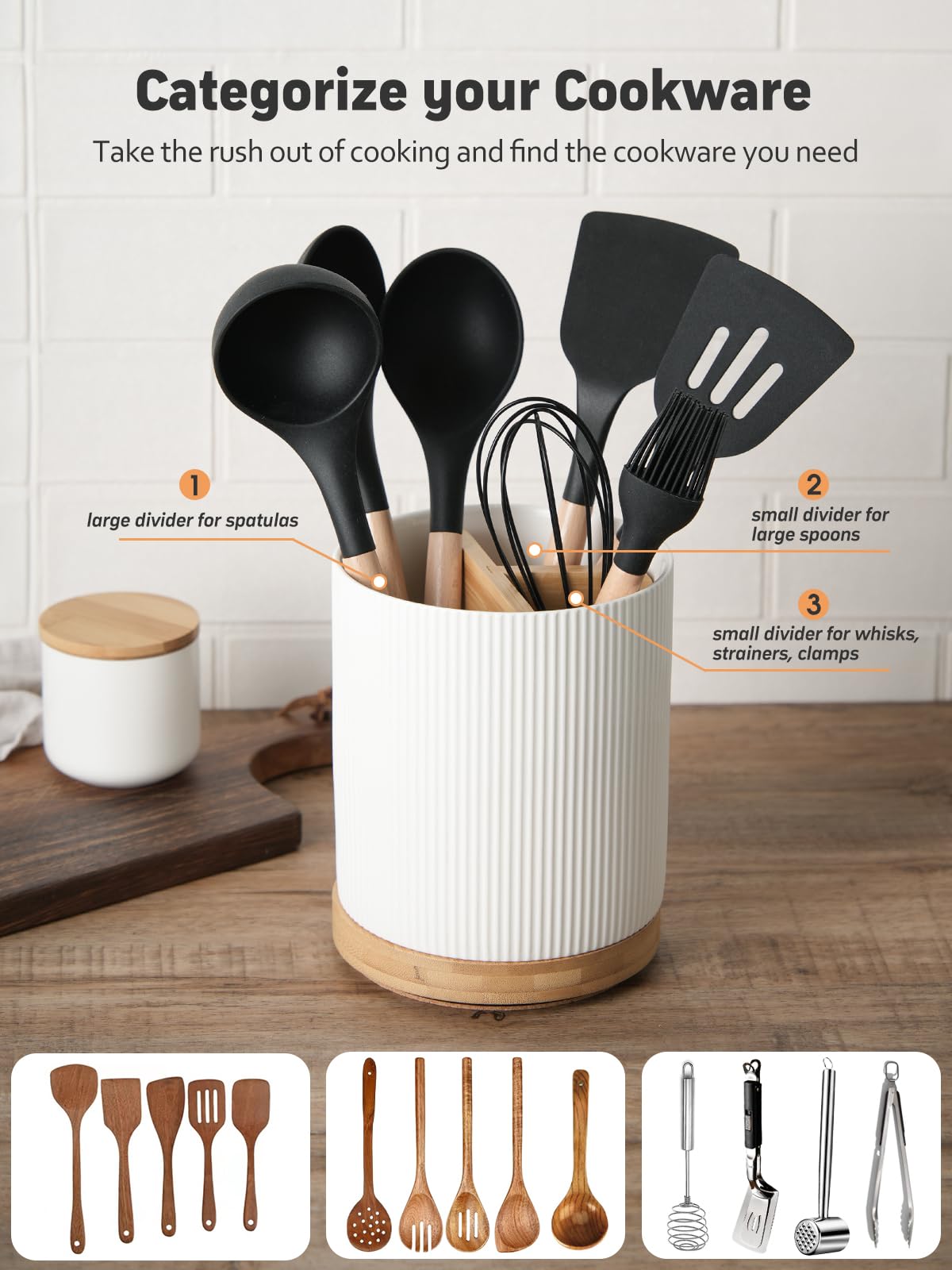 LoeJan 3 Compartment Utensil Holder, 7.2" Extra Large Utensil Crock, Stable Ceramic Utensil Organizer, Cooking Tool Organizer Set for Kitchen Counter Farmhouse Decor LoeJan