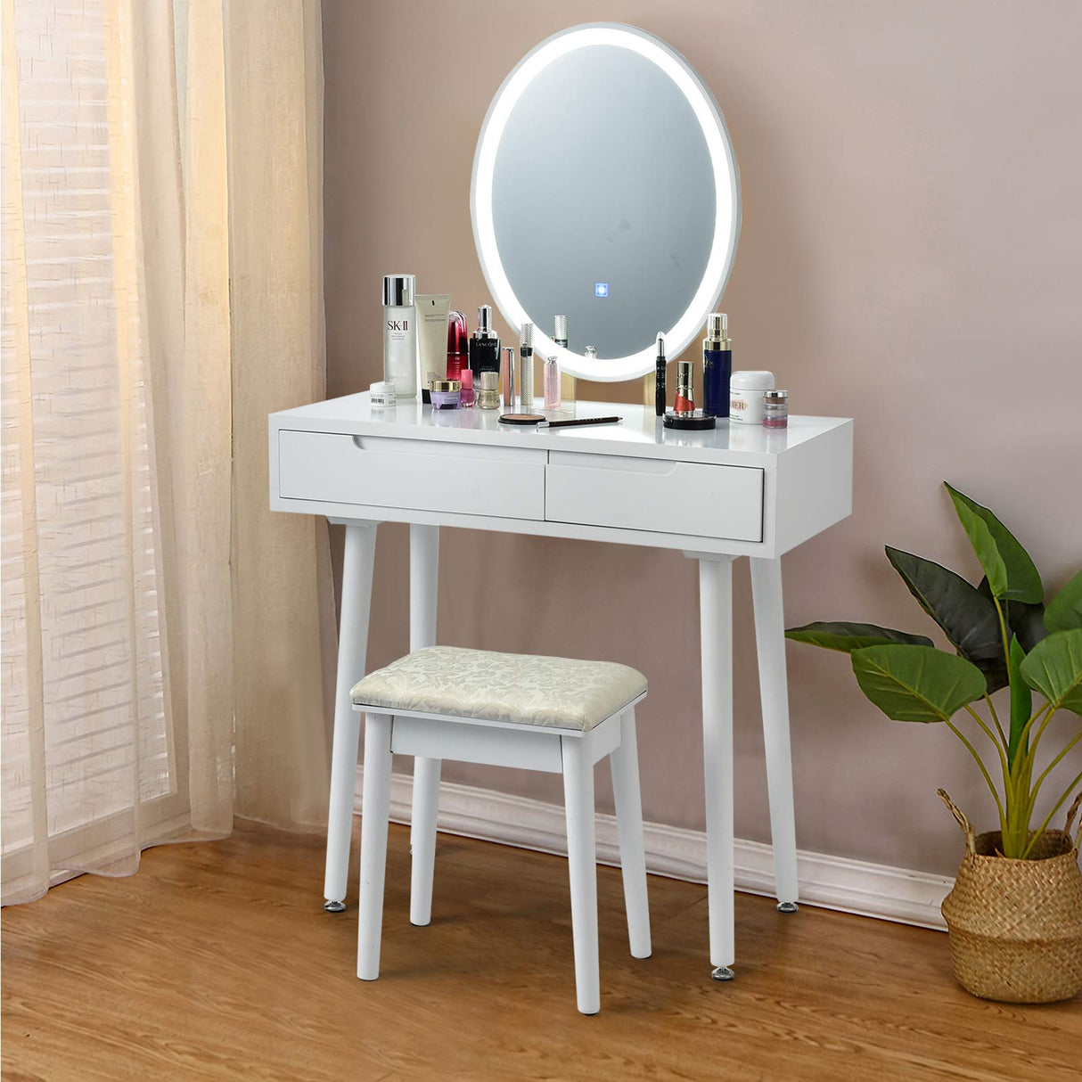 CHARMAID Vanity Set with Lighted Mirror, 3 Modes Adjustable Brightness Mirror, Makeup Dressing Table with Cushioned Stool, 2 Sliding Drawers with Divider, Modern Bedroom Vanity for Girls Women (White) CHARMAID