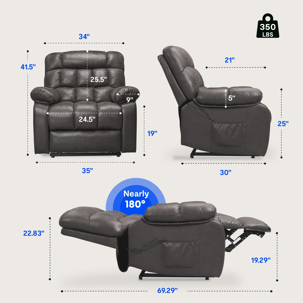 FLEXISPOT XL51 Dual OKIN Motor Power Lift Recliner Chair for Elderly, Lay Flat Electric Recliner with Massage & Heat, USB Ports, Faux Leather Reclining Sofa for Living Room Bedroom, Black FLEXISPOT