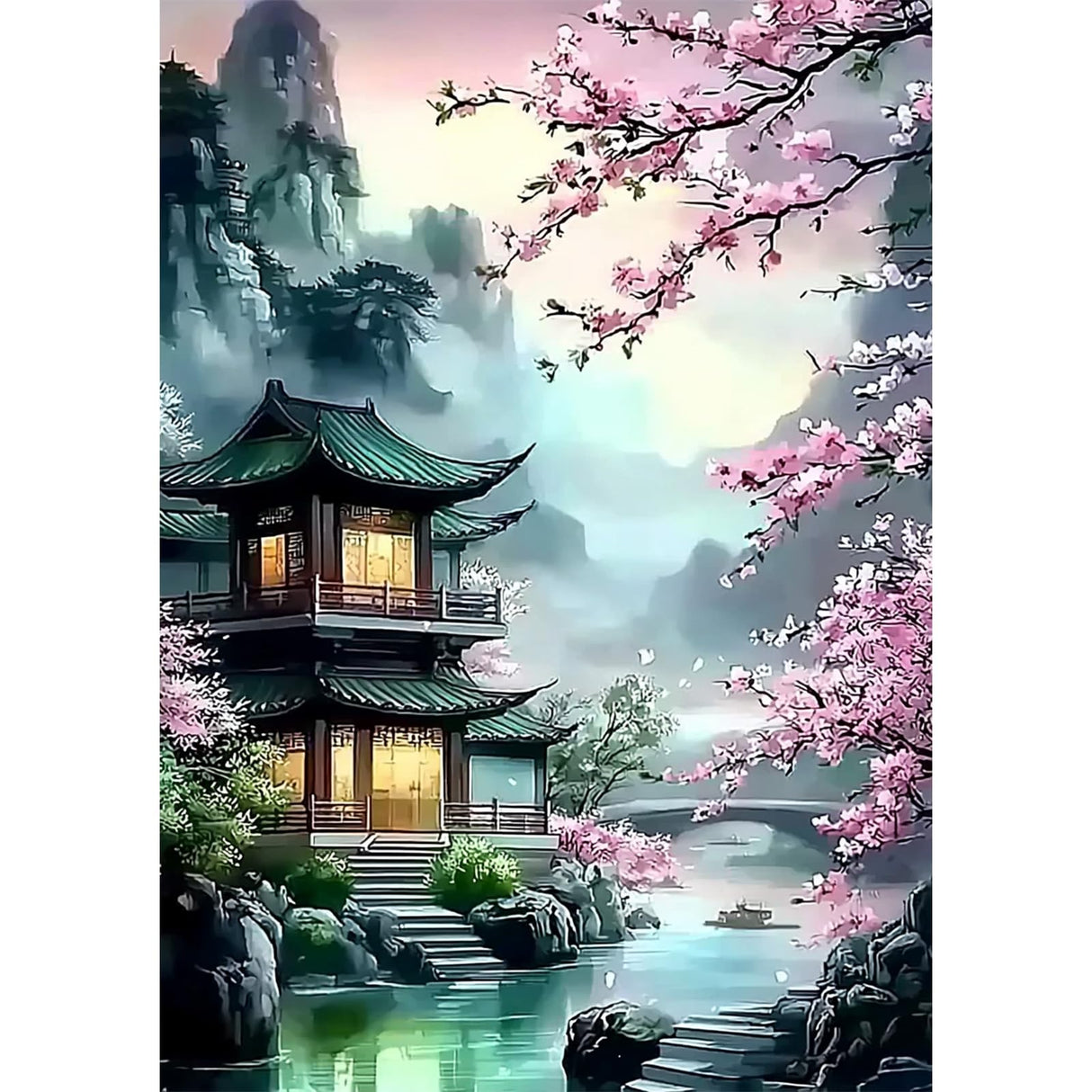SENQAO Flowers Landscape Diamond Art Kits for Adults - Cherry Blossom Diamond Painting Kits DIY 5D Full Drill Diamond Dots Paintings with Diamonds Gem Art and Crafts for Home Decor 12x16 Inch SENQAO