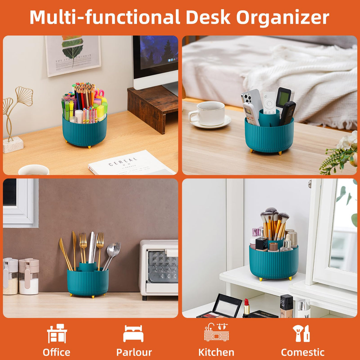 Marbrasse Desk Organizer, 360-Degree Rotating Pen Holder for Desk, Desk Organizers and Accessories with 5 Compartments Pencil Organizer, Art Supply Storage Box Caddy for Office, Home(Green) Marbrasse