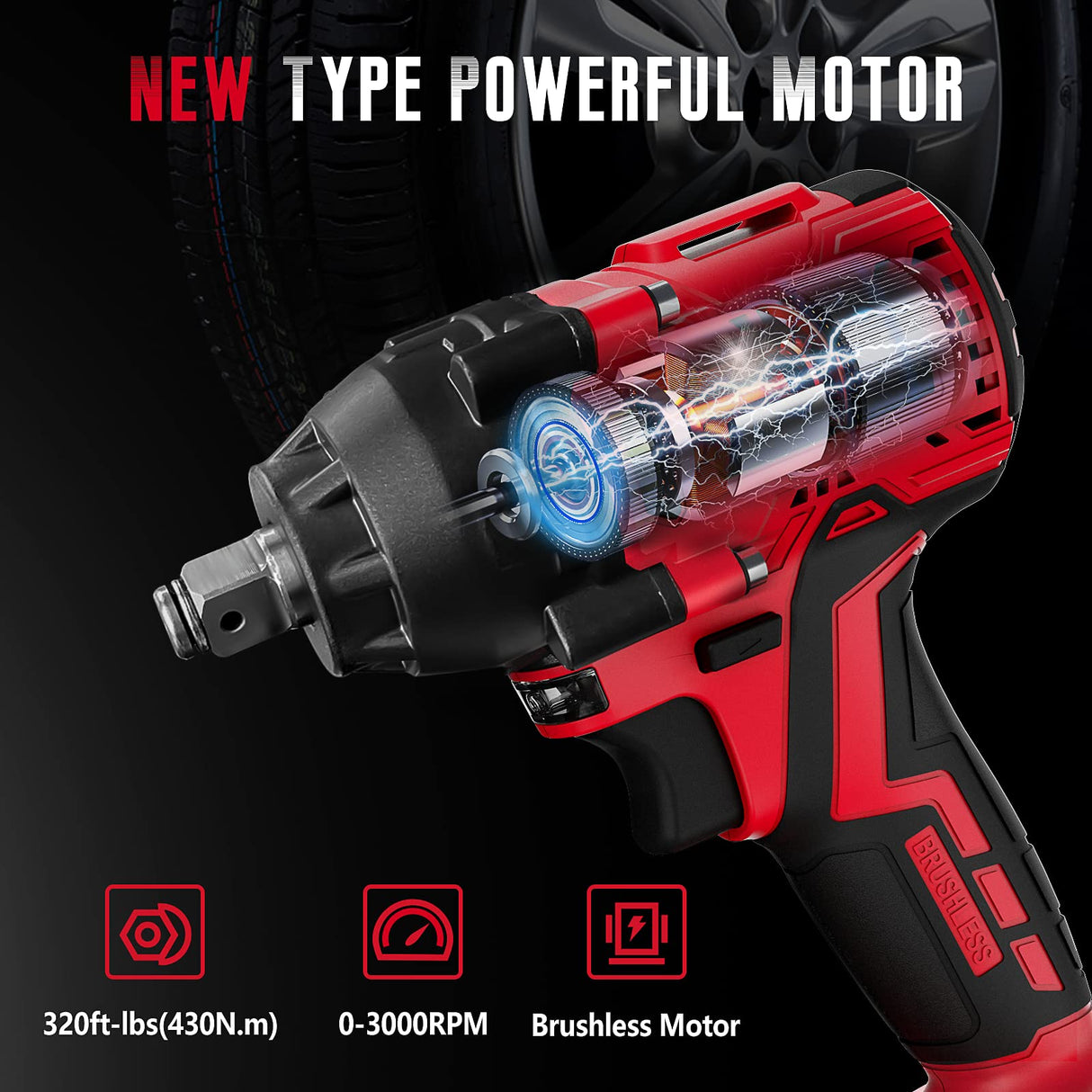 SEYVUM Impact Wrench,1/2" Impact Gun, Power Impact Driver Max Torque 320 Ft-lbs (430N.m), Cordless Impact Wrench with 20V Brushless Motor, 3.0Ah Li-ion Battery with Fast Charger, 4 Pcs Impact Sockets SEYVUM