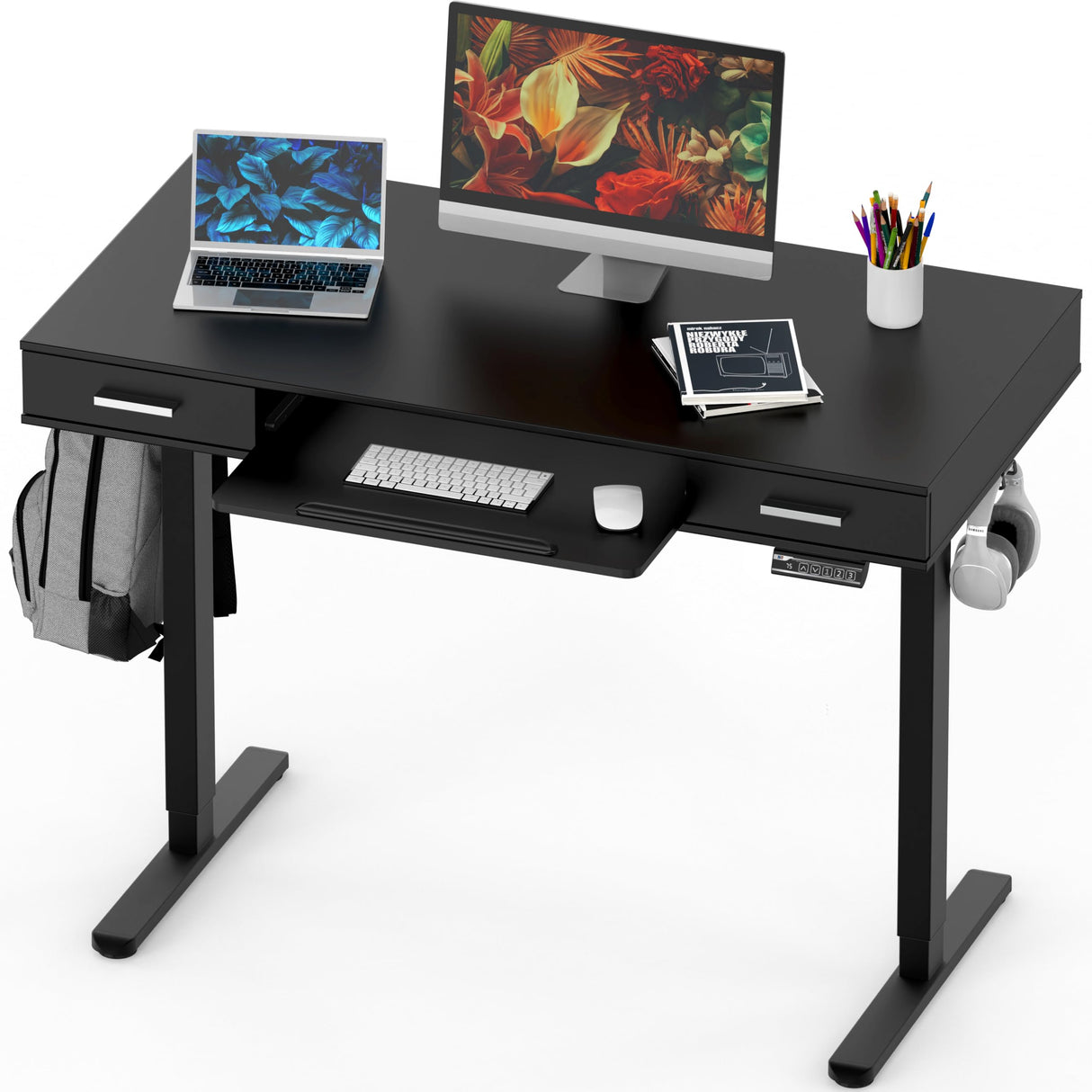 SHW 48-Inch Electric Height Adjustable Desk with Keyboard Tray and Two Drawers, Black SHW