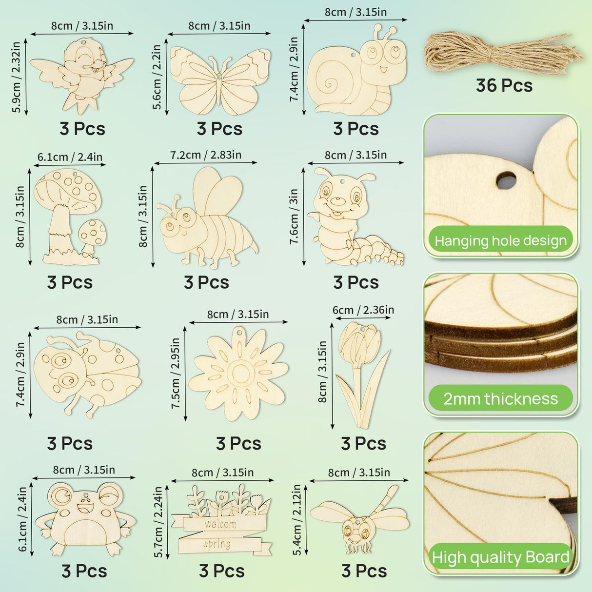 Catephe Unfinished Wood Crafts, 36 Pcs Wooden Crafts to Paint, 12 Styles Blank Wooden Spring Ornaments to Paint, Butterfly Dragonfly Snail Flower Shape for DIY Crafts Home Decoration Craft Project Catephe