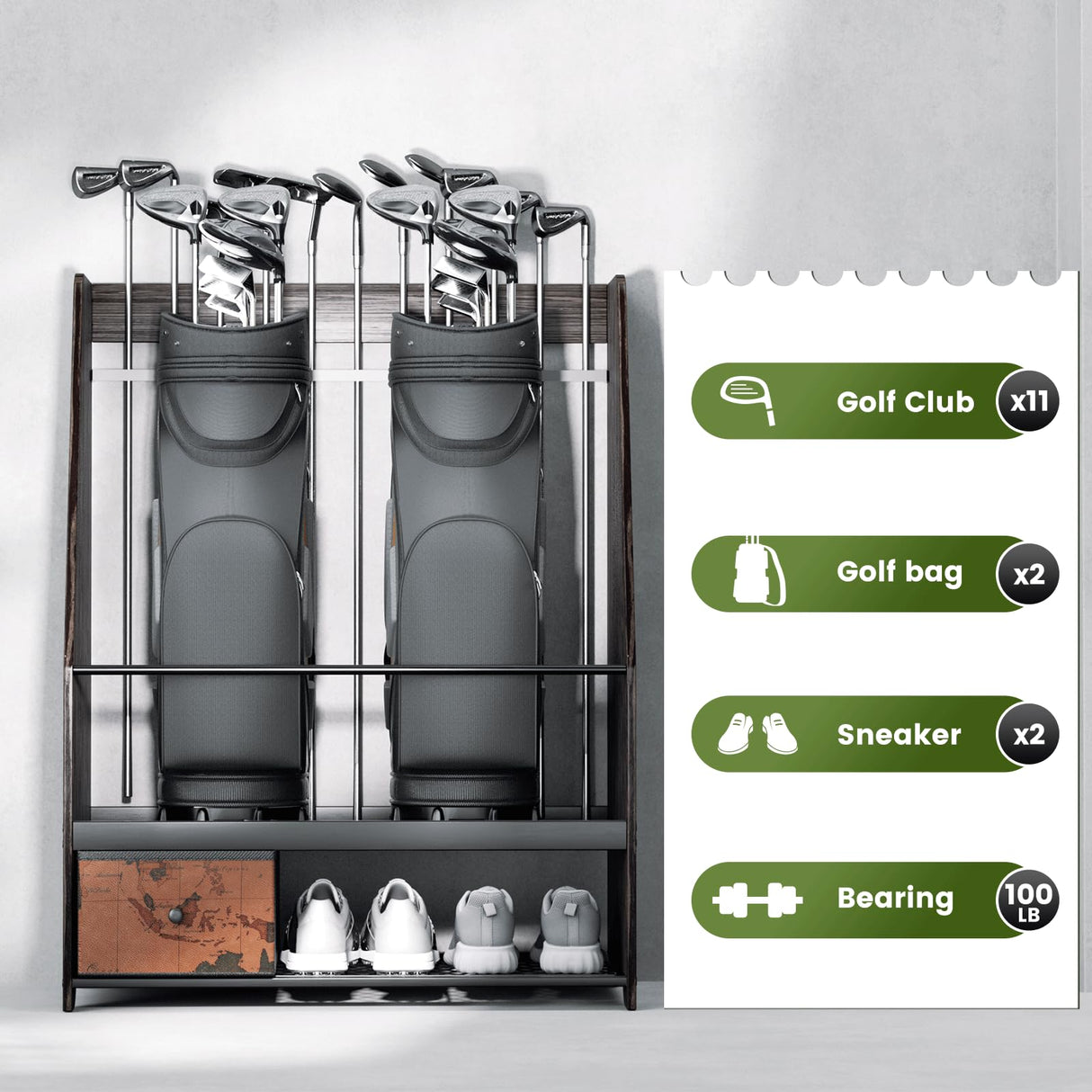 Ponsonbay Golf Bag Organizer Rack – Large Wooden Golf Storage for 2 Bags, Clubs & Accessories with Dustproof Drawer, Sports Equipment Rack for Garage, Practice Room, Home or Office (Black) Ponsonbay